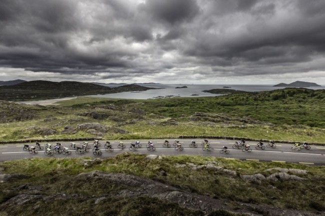 The Peleton passes by Derrynane Bay