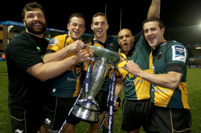 Alex Corbisiero, Stephen Myler, George North, Kahn Fotuali'i and Lee Dickson celebrate