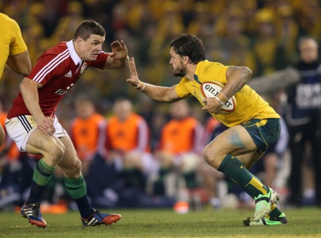 British and Irish Lion's Brian O'Driscoll confronts Australian Wallabies Adam Ashley-Cooper