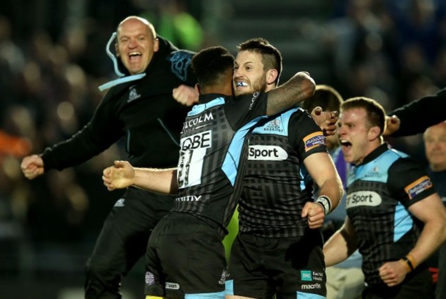 Glasgow Warriors Tommy Seymour, Niko Matawalu and Gregor Townsend celebrate at the final whistle