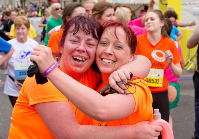 Stephanie McDonald and Elaine Kilmartin at the finish of the Flora Women's Mini Marathon