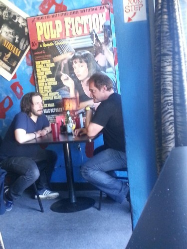 I was on a lunch date in an empty restaurant and was staring off into this Pulp fiction poster. The guys sitting under it caught my attention cause they couldnt stop laughing. Looked down and saw these guys. - Imgur