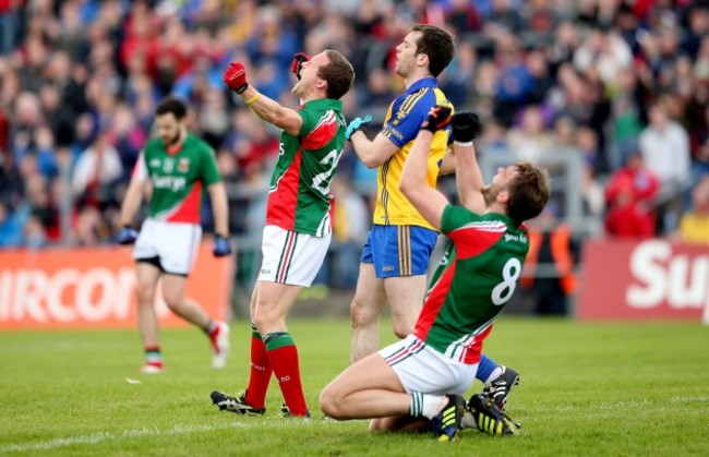 Andy Moran and Aidan O'Shea celebrate at the final whistle