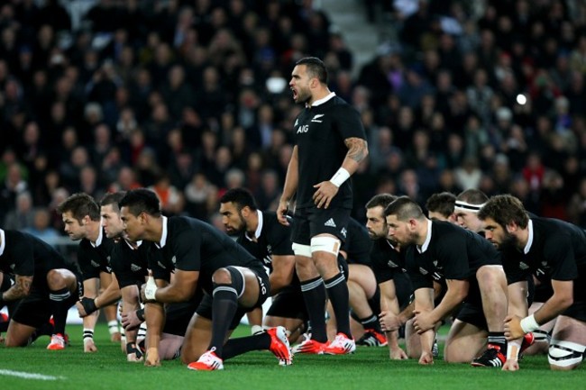 The All Blacks perform the Haka before the game