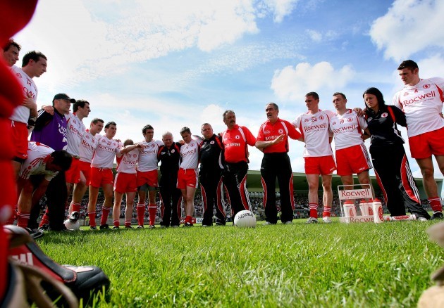 Micky Harte as he talks to his players