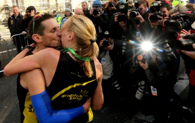 Maria McCambridge is hugged by her husband Gary Crossan