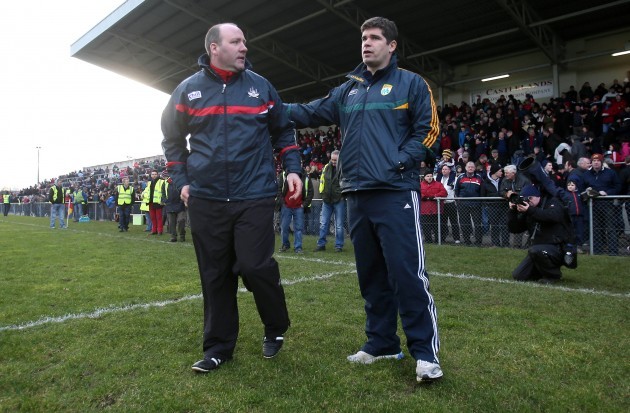 Brian Cuthbert and Eamonn Fitzmaurice at the end of the game