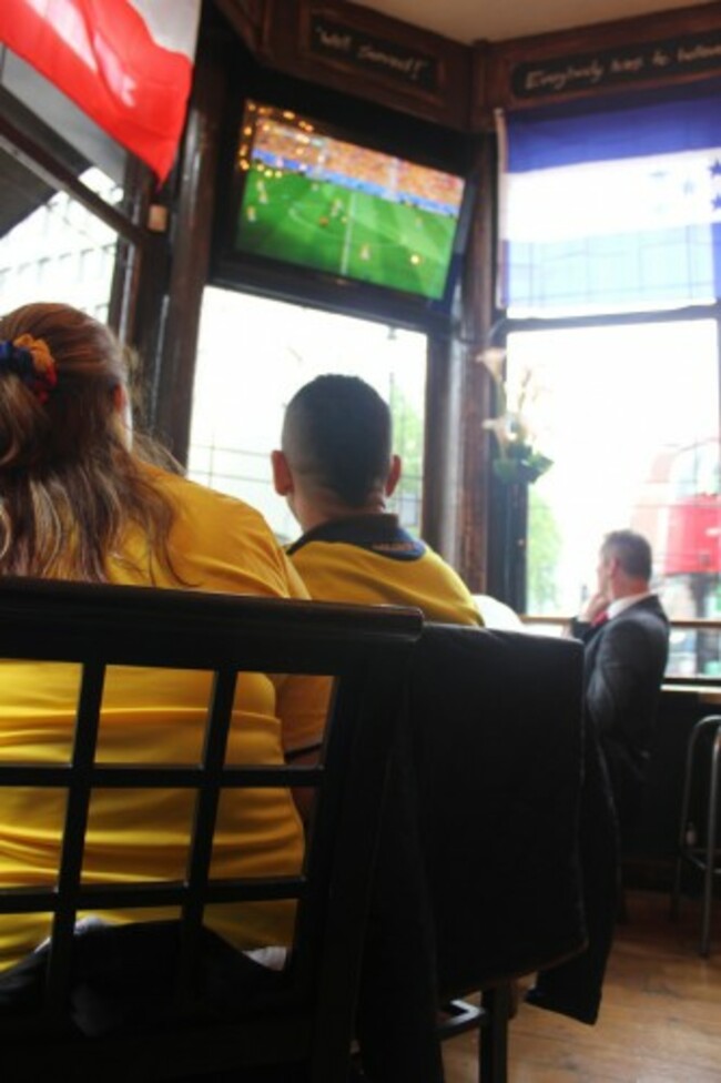 Colombian supporters watching group game vs Ivory Coast, in Northumberland Arms, London