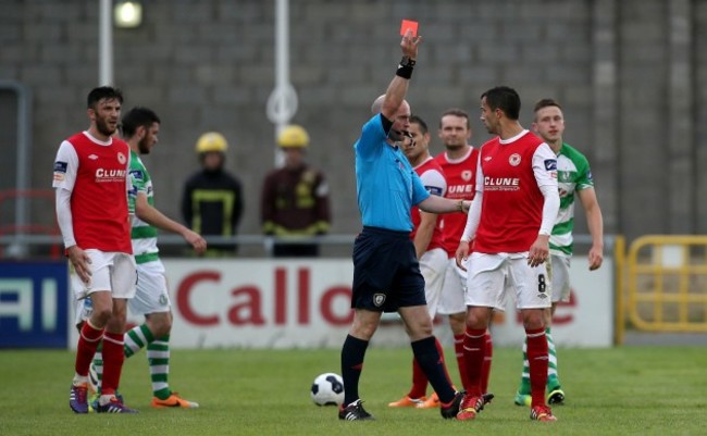 Keith Fahey is shown a straight red card by Padraig Sutton