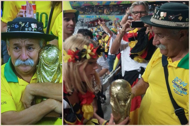 This sad Brazilian fan was shown crying. But no ones published this beautiful picture of him handing the trophy to a German fan. He was quoted as saying Take it to the final! As you can see, it is not easy, but you deserve it, congratulations (Roughly t - Imgur