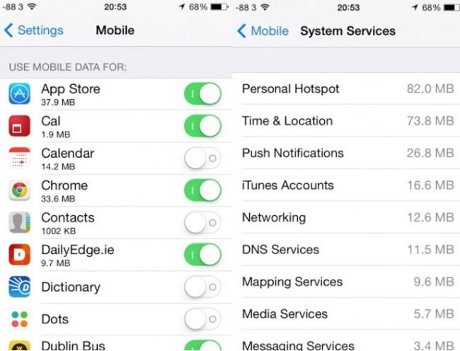 iPhone mobile data settings