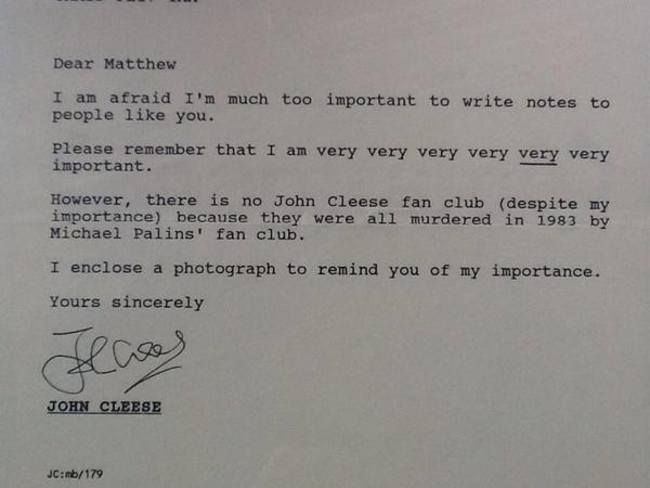 14-year-old boy wanted to know if John Cleese had a fan club. This was his reply. - Imgur