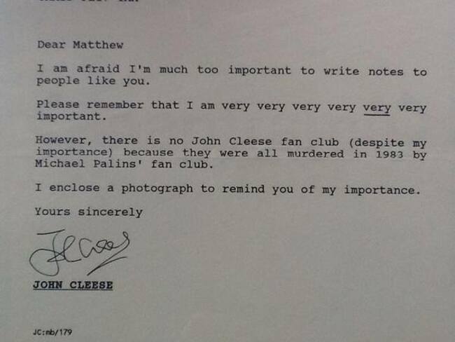 14-year-old boy wanted to know if John Cleese had a fan club. This was his reply. - Imgur