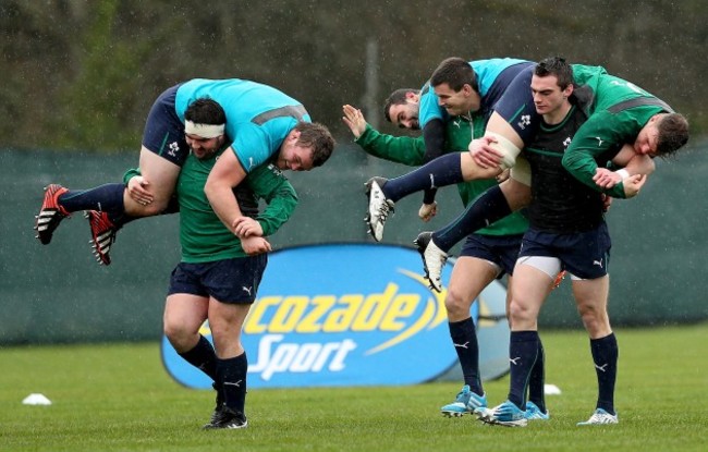 Martin Moore carries Jack McGrath, Jonathan Sexton carries Dave Kearney and Andrew Boyle carries Jordi Murphy