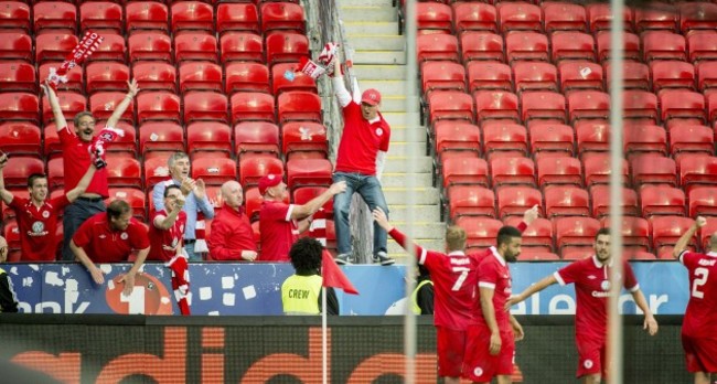 Danny North celebrates scoring Sligo's second goal with fans 17/7/2014