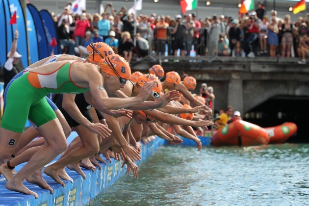Aileen Reid of Ireland starts the swim leg in the Elite Women's Series race 6/4/2013