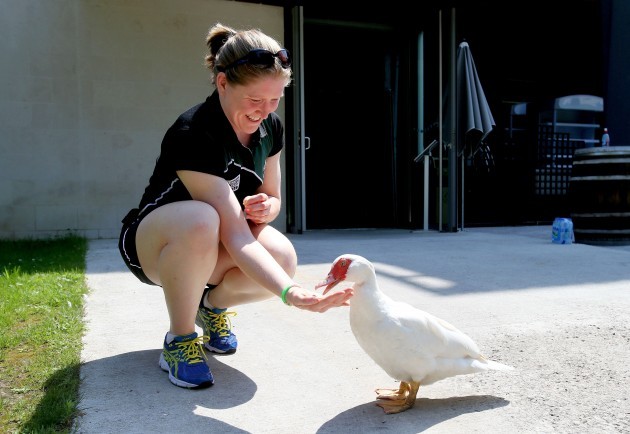 Heather O'Brien feeds a duck at the team hotel 27/7/2014