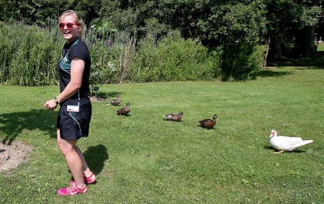 Claire Molloy with ducks at the team hotel 27/7/2014