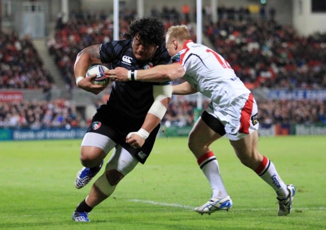 Logovi'i Mulipola drives through Luke Marshall's tackle