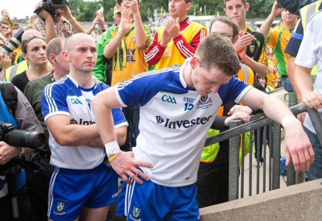 Stephen Gollogly and Conor McManus stand dejected during the speeches