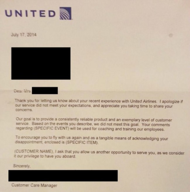 United Airlines writes the most sentimental apology letters. - Imgur