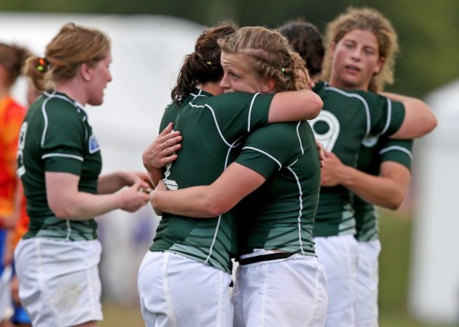 Nora Stapleton and Fiona Coghlan celebrate after the game