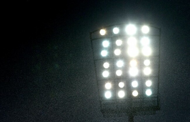 General view of a downpour during the game