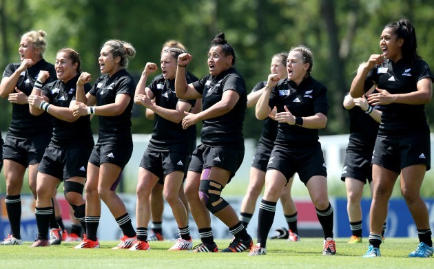 The New Zealand team perform the Haka before the game