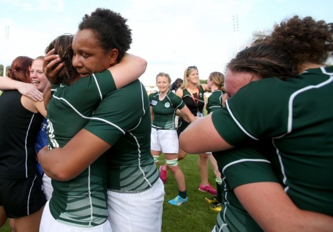 Lynne Cantwell and Sophie Spence celebrate after the game