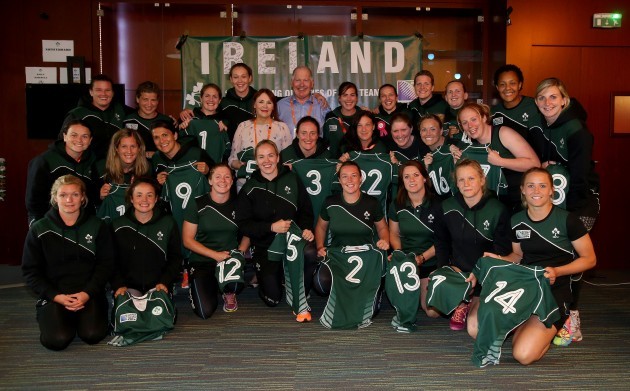 PJ Reilly and Marie Reilly with the Irish team after presenting the jersey's