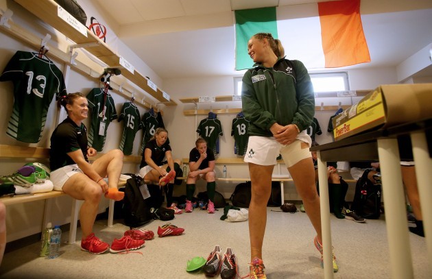 Lynne Cantwell and Ashleigh Baxter in the dressing room before the game