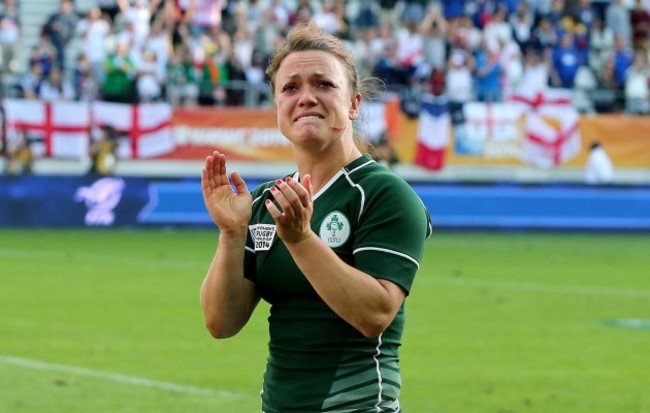A tearful Lynne Cantwell applauds the Ireland fans after the game
