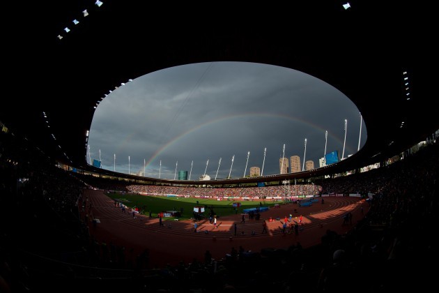 A general view of the Letzigrund Stadium as the athletes prepare for the Men's 400m Final