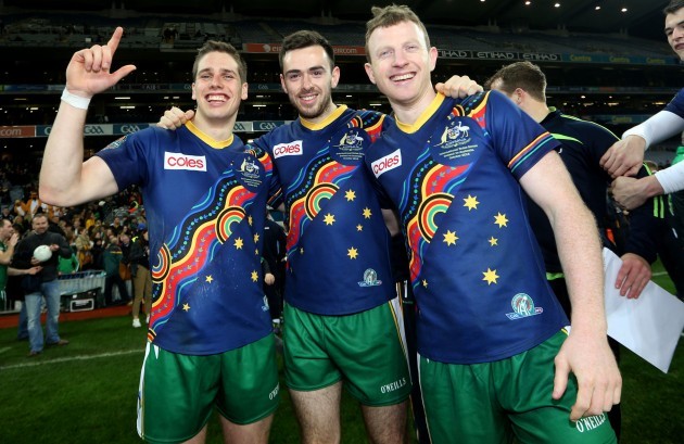Mayo players Lee Keegan, Kevin McLaughlin and Colm Boyle celebrates