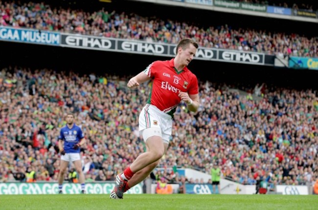 Cillian O'Connor celebrates scoring a penalty