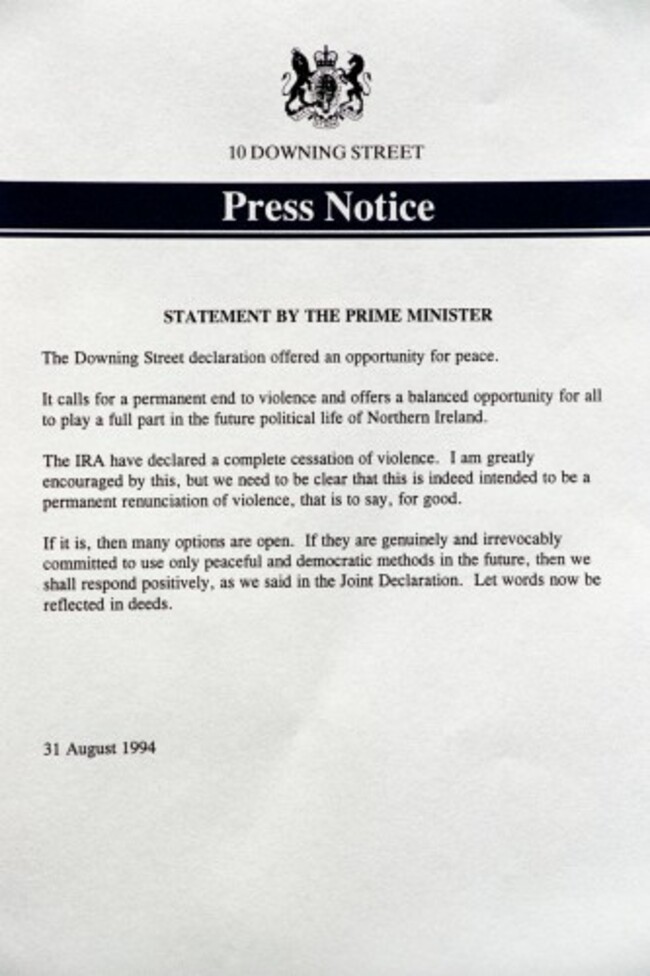 JOHN MAJOR STATEMENT - IRA CEASE