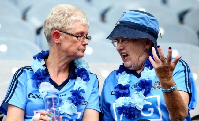 Two Dublin fans discuss the game at the final whistle