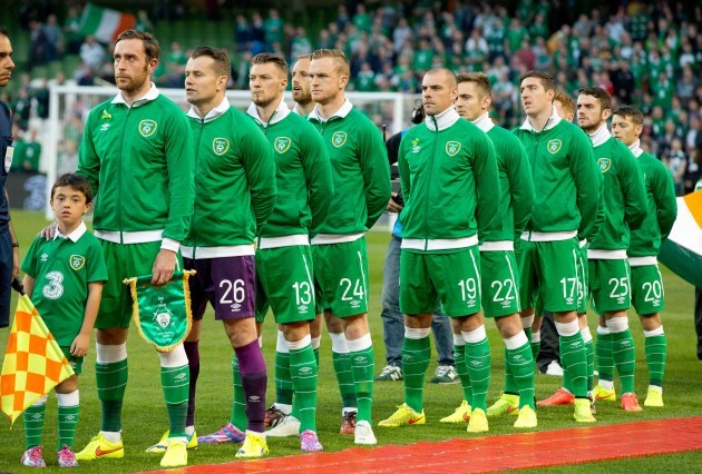The Ireland team line up for the national anthem