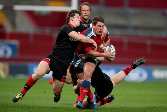 Ian Keatley tackled by Jack Cuthbert and Sam Beard