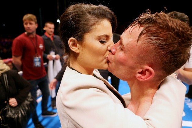 Carl Frampton celebrates winning with his wife Christine