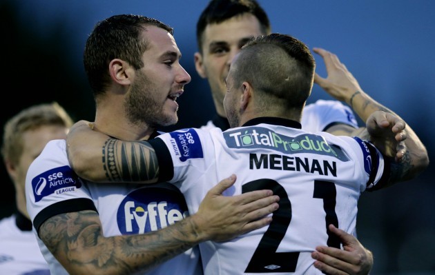 Darren Meenan celebrates scoring his sides first goal with Kurtis Byrne and Patrick Hoban