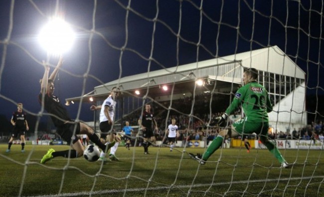 Kurtis Byrne scores his sides second goal past goalkeeper Ciaran Gallagher