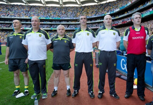 Donegal's selectors, Damien Diver, Donal Reid, Pat Shovelin, coach Jim McGuinness, selector Paul McGonigle and Dr Charlie McManus