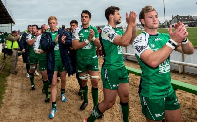 Darragh Leader, Quinn Roux, Danie Poolman and Kieran Marmion celebrate after the game