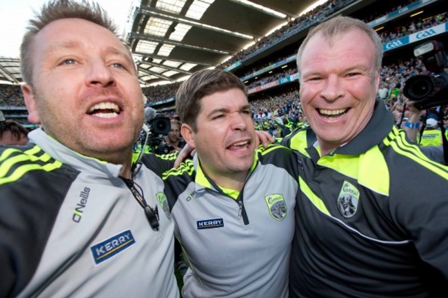 Eamonn Fitzmaurice celebrates with Diarmuid Murphy and Cian O'Neill