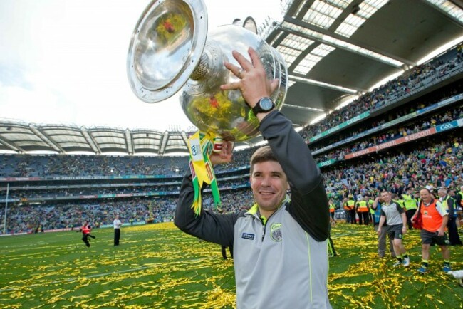Eamonn Fitzmaurice celebrates with the Sam Maguire