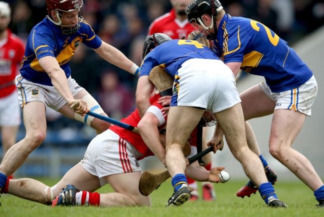 Conor Lehane gets a pass away despite Paddy Stapleton, Conor O&Otilde;Brien and Thomas Stapleton