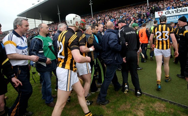 Brian Cody argues as the teams leave the field at the end of normal time