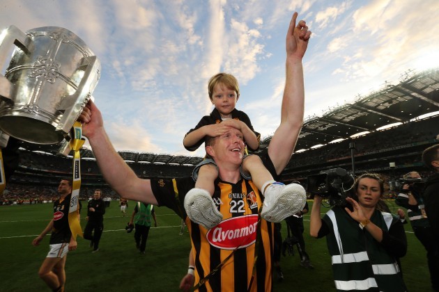 Henry Shefflin with his son Henry celebrate after the final whistle