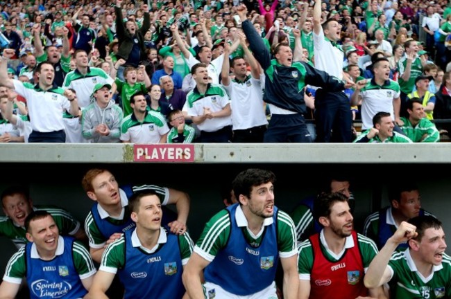 Limerick players nervously watch the closing moments of the game